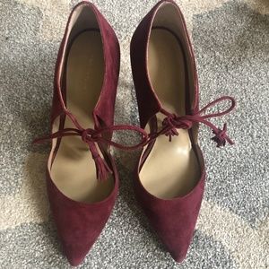 Ann Taylor Burgundy Suede Tassel Tie Pumps
